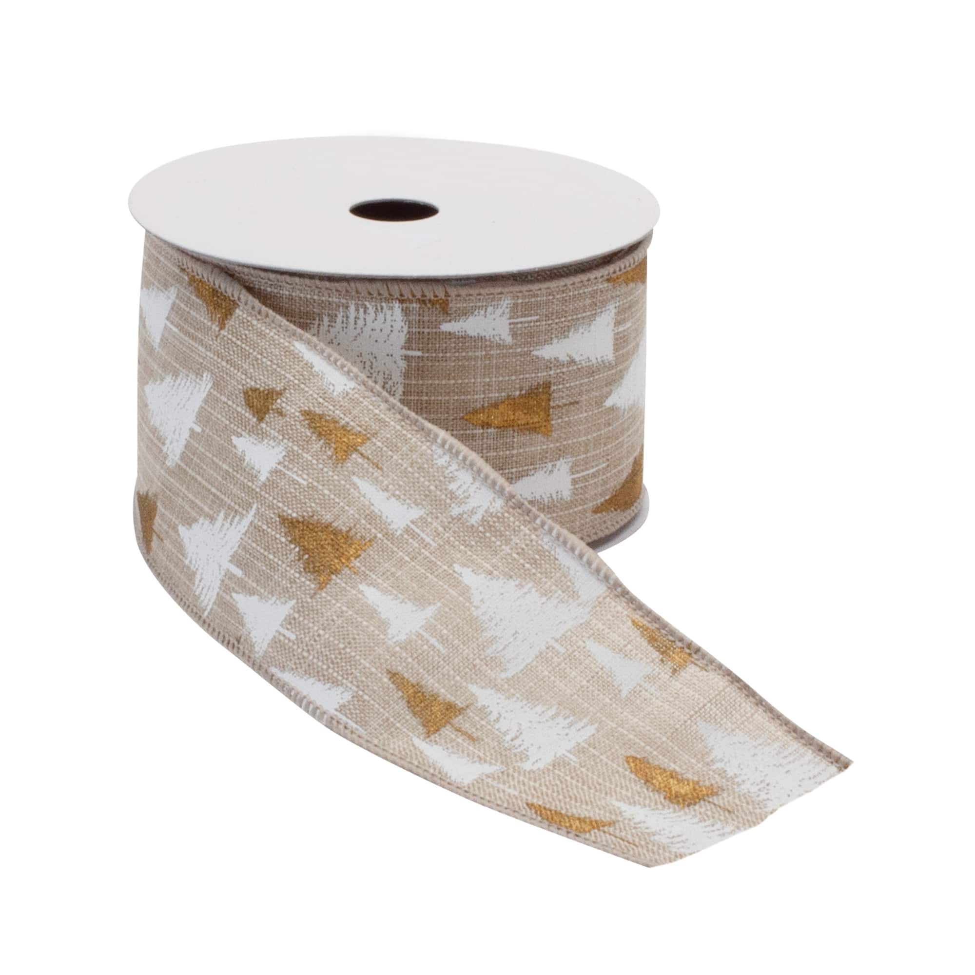 2.5" x 10yd. Brown & White Faux Linen Wired Pine Tree Ribbon, 2ct.